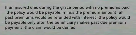 If an insured dies during the grace period with no premiums paid -the policy would be payable, minus the premium amount -all past premiums would be refunded with interest -the policy would be payable only after the beneficiary makes past due premium payment -the claim would be denied