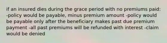 if an insured dies during the grace period with no premiums paid: -policy would be payable, minus premium amount -policy would be payable only after the beneficiary makes past due premium payment -all past premiums will be refunded with interest -claim would be denied