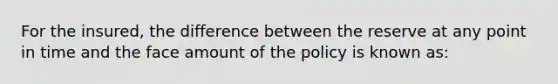 For the insured, the difference between the reserve at any point in time and the face amount of the policy is known as: