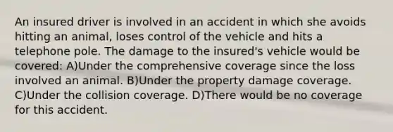 An insured driver is involved in an accident in which she avoids hitting an animal, loses control of the vehicle and hits a telephone pole. The damage to the insured's vehicle would be covered: A)Under the comprehensive coverage since the loss involved an animal. B)Under the property damage coverage. C)Under the collision coverage. D)There would be no coverage for this accident.