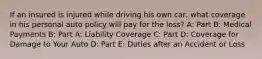 If an insured is injured while driving his own car, what coverage in his personal auto policy will pay for the loss? A: Part B: Medical Payments B: Part A: Liability Coverage C: Part D: Coverage for Damage to Your Auto D: Part E: Duties after an Accident or Loss