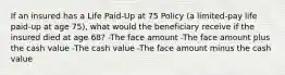 If an insured has a Life Paid-Up at 75 Policy (a limited-pay life paid-up at age 75), what would the beneficiary receive if the insured died at age 68? -The face amount -The face amount plus the cash value -The cash value -The face amount minus the cash value