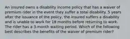 An insured owns a disability income policy that has a waiver of premium rider in the event they suffer a total disability. 5 years after the issuance of the policy, the insured suffers a disability and is unable to work for 18 months before returning to work. The rider has a 3-month waiting period. Which of the following best describes the benefits of the waiver of premium rider?