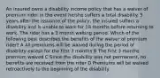 An insured owns a disability income policy that has a waiver of premium rider in the event he/she suffers a total disability. 5 years after the issuance of the policy, the insured suffers a disability and is unable to work for 18 months before returning to work. The rider has a 3 month waiting period. Which of the following best describes the benefits of the waiver of premium rider? A All premiums will be waived during the period of disability except for the first 3 months B The first 3 months premium waived C Since the disability was not permanent, no benefits are received from the rider D Premiums will be waived retroactively to the beginning of the disability