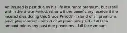 An insured is past due on his life insurance premium, but is still within the Grace Period. What will the beneficiary receive if the insured dies during this Grace Period? - refund of all premiums paid, plus interest - refund of all premiums paid - full face amount minus any past due premiums - full face amount