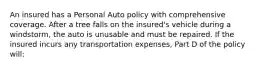 An insured has a Personal Auto policy with comprehensive coverage. After a tree falls on the insured's vehicle during a windstorm, the auto is unusable and must be repaired. If the insured incurs any transportation expenses, Part D of the policy will: