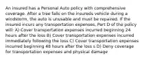 An insured has a Personal Auto policy with comprehensive coverage. After a tree falls on the insureds vehicle during a windstorm, the auto is unusable and must be repaired. If the insured incurs any transportation expenses, Part D of the policy will: A) Cover transportation expenses incurred beginning 24 hours after the loss B) Cover transportation expenses incurred immediately following the loss C) Cover transportation expenses incurred beginning 48 hours after the loss s D) Deny coverage for transportation expenses and physical damage