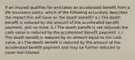 If an insured qualifies for and takes an accelerated benefit from a life insurance policy, which of the following accurately describes the impact this will have on the death benefit? a.) The death benefit is reduced by the amount of the accelerated benefit payment, and no more. b.) The death benefit is not reduced; the cash value is reduced by the accelerated benefit payment. c.) The death benefit is reduced by an amount equal to the cash value. d.) The death benefit is reduced by the amount of the accelerated benefit payment and may be further reduced to cover lost interest.