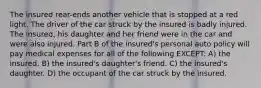 The insured rear-ends another vehicle that is stopped at a red light. The driver of the car struck by the insured is badly injured. The insured, his daughter and her friend were in the car and were also injured. Part B of the insured's personal auto policy will pay medical expenses for all of the following EXCEPT: A) the insured. B) the insured's daughter's friend. C) the insured's daughter. D) the occupant of the car struck by the insured.