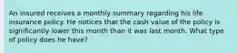 An insured receives a monthly summary regarding his life insurance policy. He notices that the cash value of the policy is significantly lower this month than it was last month. What type of policy does he have?