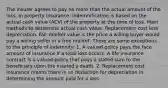 The insurer agrees to pay no more than the actual amount of the loss. In property insurance, indemnification is based on the actual cash value (ACV) of the property at the time of loss. Main methods to determine actual cash value: Replacement cost less depreciation. Fair market value is the price a willing buyer would pay a willing seller in a free market. There are some exceptions to the principle of indemnity: 1. A valued policy pays the face amount of insurance if a total loss occurs. A life insurance contract is a valued policy that pays a stated sum to the beneficiary upon the insured's death. 2. Replacement cost insurance means there is no deduction for depreciation in determining the amount paid for a loss