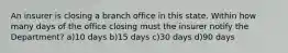 An insurer is closing a branch office in this state. Within how many days of the office closing must the insurer notify the Department? a)10 days b)15 days c)30 days d)90 days