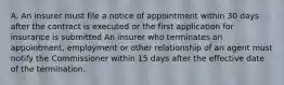 A. An insurer must file a notice of appointment within 30 days after the contract is executed or the first application for insurance is submitted An insurer who terminates an appointment, employment or other relationship of an agent must notify the Commissioner within 15 days after the effective date of the termination.