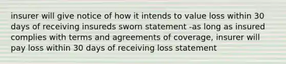 insurer will give notice of how it intends to value loss within 30 days of receiving insureds sworn statement -as long as insured complies with terms and agreements of coverage, insurer will pay loss within 30 days of receiving loss statement