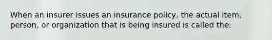 When an insurer issues an insurance policy, the actual item, person, or organization that is being insured is called the: