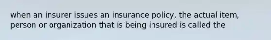 when an insurer issues an insurance policy, the actual item, person or organization that is being insured is called the