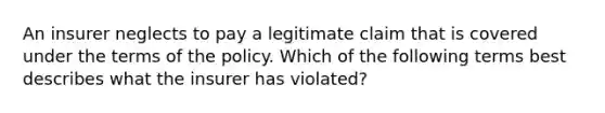 An insurer neglects to pay a legitimate claim that is covered under the terms of the policy. Which of the following terms best describes what the insurer has violated?