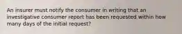 An insurer must notify the consumer in writing that an investigative consumer report has been requested within how many days of the initial request?