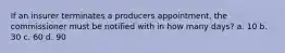 If an insurer terminates a producers appointment, the commissioner must be notified with in how many days? a. 10 b. 30 c. 60 d. 90