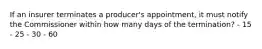 If an insurer terminates a producer's appointment, it must notify the Commissioner within how many days of the termination? - 15 - 25 - 30 - 60