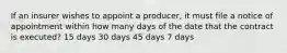 If an insurer wishes to appoint a producer, it must file a notice of appointment within how many days of the date that the contract is executed? 15 days 30 days 45 days 7 days