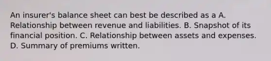 An insurer's balance sheet can best be described as a A. Relationship between revenue and liabilities. B. Snapshot of its financial position. C. Relationship between assets and expenses. D. Summary of premiums written.