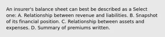 An insurer's balance sheet can best be described as a Select one: A. Relationship between revenue and liabilities. B. Snapshot of its financial position. C. Relationship between assets and expenses. D. Summary of premiums written.