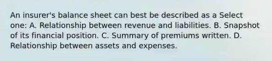 An insurer's balance sheet can best be described as a Select one: A. Relationship between revenue and liabilities. B. Snapshot of its financial position. C. Summary of premiums written. D. Relationship between assets and expenses.