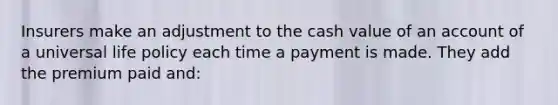 Insurers make an adjustment to the cash value of an account of a universal life policy each time a payment is made. They add the premium paid and: