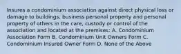 Insures a condominium association against direct physical loss or damage to buildings, business personal property and personal property of others in the care, custody or control of the association and located at the premises: A. Condominium Association Form B. Condominium Unit Owners Form C. Condominium Insured Owner Form D. None of the Above