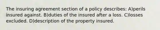 The insuring agreement section of a policy describes: A)perils insured against. B)duties of the insured after a loss. C)losses excluded. D)description of the property insured.