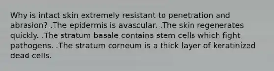 Why is intact skin extremely resistant to penetration and abrasion? .<a href='https://www.questionai.com/knowledge/kBFgQMpq6s-the-epidermis' class='anchor-knowledge'>the epidermis</a> is avascular. .The skin regenerates quickly. .The stratum basale contains stem cells which fight pathogens. .The stratum corneum is a thick layer of keratinized dead cells.