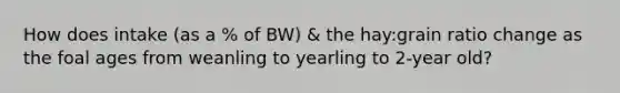 How does intake (as a % of BW) & the hay:grain ratio change as the foal ages from weanling to yearling to 2-year old?