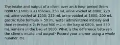 The intake and output of a client over an 8-hour period (from 0800 to 1600) is as follows: 150 mL urine voided at 0800; 220 mL urine voided at 1200; 235 mL urine voided at 1600; 200 mL gastric tube formula + 50 mL water administered initially and then repeated x 2; IV had 900 mL in the bag at 0800, and 550 mL remains in the bag at 1600. What is the difference between the client's intake and output? Record your answer using a whole number. mL