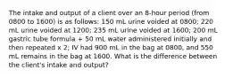 The intake and output of a client over an 8-hour period (from 0800 to 1600) is as follows: 150 mL urine voided at 0800; 220 mL urine voided at 1200; 235 mL urine voided at 1600; 200 mL gastric tube formula + 50 mL water administered initially and then repeated x 2; IV had 900 mL in the bag at 0800, and 550 mL remains in the bag at 1600. What is the difference between the client's intake and output?