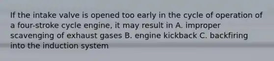 If the intake valve is opened too early in the cycle of operation of a four-stroke cycle engine, it may result in A. improper scavenging of exhaust gases B. engine kickback C. backfiring into the induction system