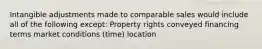 Intangible adjustments made to comparable sales would include all of the following except: Property rights conveyed financing terms market conditions (time) location