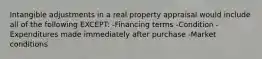 Intangible adjustments in a real property appraisal would include all of the following EXCEPT: -Financing terms -Condition -Expenditures made immediately after purchase -Market conditions