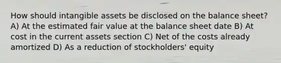 How should intangible assets be disclosed on the balance sheet? A) At the estimated fair value at the balance sheet date B) At cost in the current assets section C) Net of the costs already amortized D) As a reduction of stockholders' equity