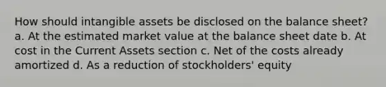 How should intangible assets be disclosed on the balance sheet? a. At the estimated market value at the balance sheet date b. At cost in the Current Assets section c. Net of the costs already amortized d. As a reduction of stockholders' equity