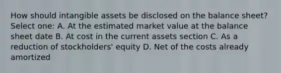 How should intangible assets be disclosed on the balance sheet? Select one: A. At the estimated market value at the balance sheet date B. At cost in the current assets section C. As a reduction of stockholders' equity D. Net of the costs already amortized