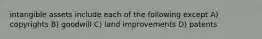 intangible assets include each of the following except A) copyrights B) goodwill C) land improvements D) patents