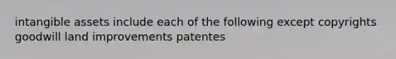 <a href='https://www.questionai.com/knowledge/kfaeAOzavC-intangible-assets' class='anchor-knowledge'>intangible assets</a> include each of the following except copyrights goodwill land improvements patentes