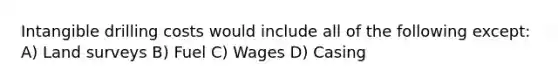 Intangible drilling costs would include all of the following except: A) Land surveys B) Fuel C) Wages D) Casing