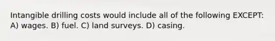 Intangible drilling costs would include all of the following EXCEPT: A) wages. B) fuel. C) land surveys. D) casing.