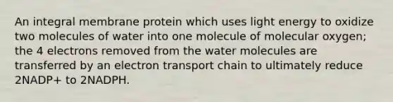 An integral membrane protein which uses light energy to oxidize two molecules of water into one molecule of molecular oxygen; the 4 electrons removed from the water molecules are transferred by an electron transport chain to ultimately reduce 2NADP+ to 2NADPH.