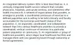 An integrated delivery system (IDS) is best described as: A. A vertically integrated health service network that includes physicians, hospitals, post-acute services, and sometimes offer health insurance B. A network of organizations that provides, or arranges to provide, a coordinated continuum of services to a defined population and is willing to be held clinically and fiscally accountable for the outcomes and health status of that population. C. An organized, coordinated, and collaborative network that links various healthcare providers to provide a coordinated, vertical continuum of services to a particular patient population or community. D. An organization or group of healthcare providers, which aligns local healthcare facilities and manages them with one governing board through ownership or formal agreements.