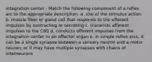 integration center - Match the following component of a reflex arc to the appropriate description. a. site of the stimulus action b. muscle fiber or gland cell that responds to the efferent impulses by contracting or secreting c. transmits afferent impulses to the CNS d. conducts efferent impulses from the integration center to an effector organ e. in simple reflex arcs, it can be a single synapse between a sensory neuron and a motor neuron; or it may have multiple synapses with chains of interneurons