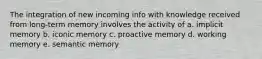 The integration of new incoming info with knowledge received from long-term memory involves the activity of a. implicit memory b. iconic memory c. proactive memory d. working memory e. semantic memory