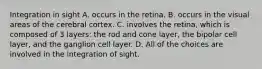 Integration in sight A. occurs in the retina. B. occurs in the visual areas of the cerebral cortex. C. involves the retina, which is composed of 3 layers: the rod and cone layer, the bipolar cell layer, and the ganglion cell layer. D. All of the choices are involved in the integration of sight.